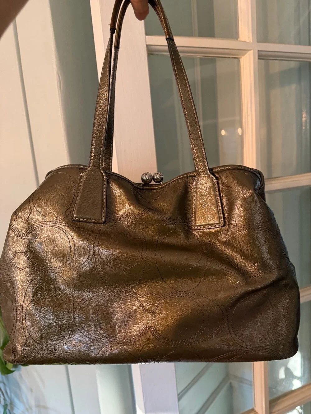 COACH Olive metallic patent Leather Signature Tote Bag F15658